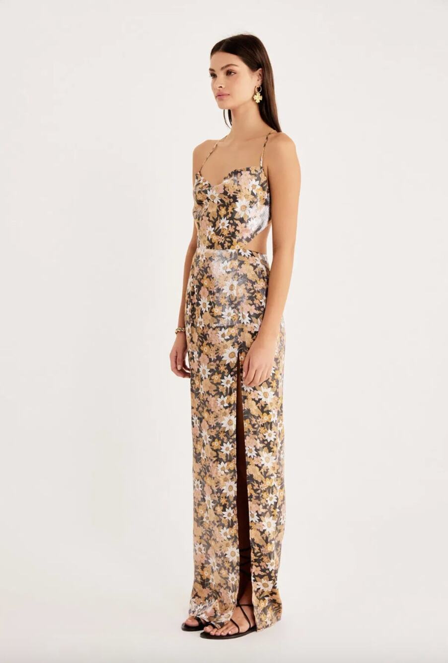 RUMER | Paloma Cut-Out Maxi in Black Floral Strappy Gown M